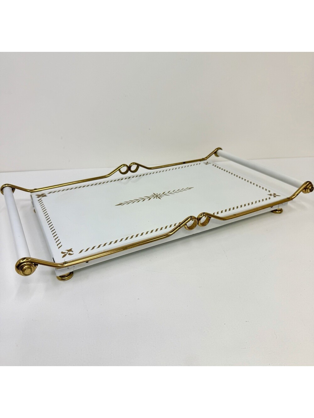 Vintage MCM Electric Warming Tray White Gold Laurel Leaf Metal Handles Hot Plate